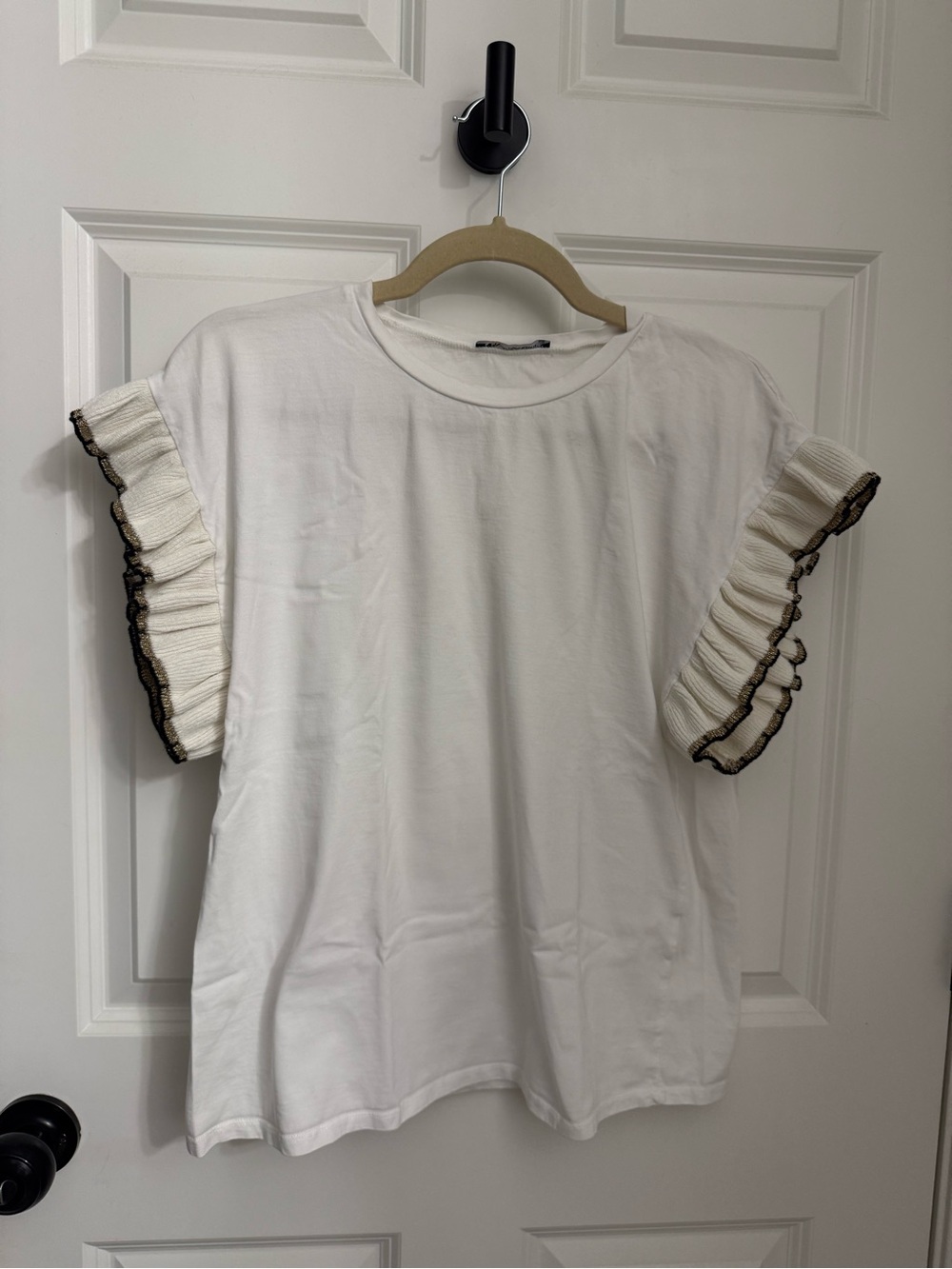 Zara White Short Sleeve Top with gold and black Ruffle Trim